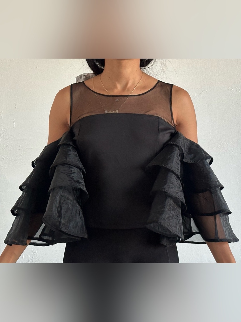 Sheer Ruffle Black Mesh Crop Top – Elegant Evening Layered Top